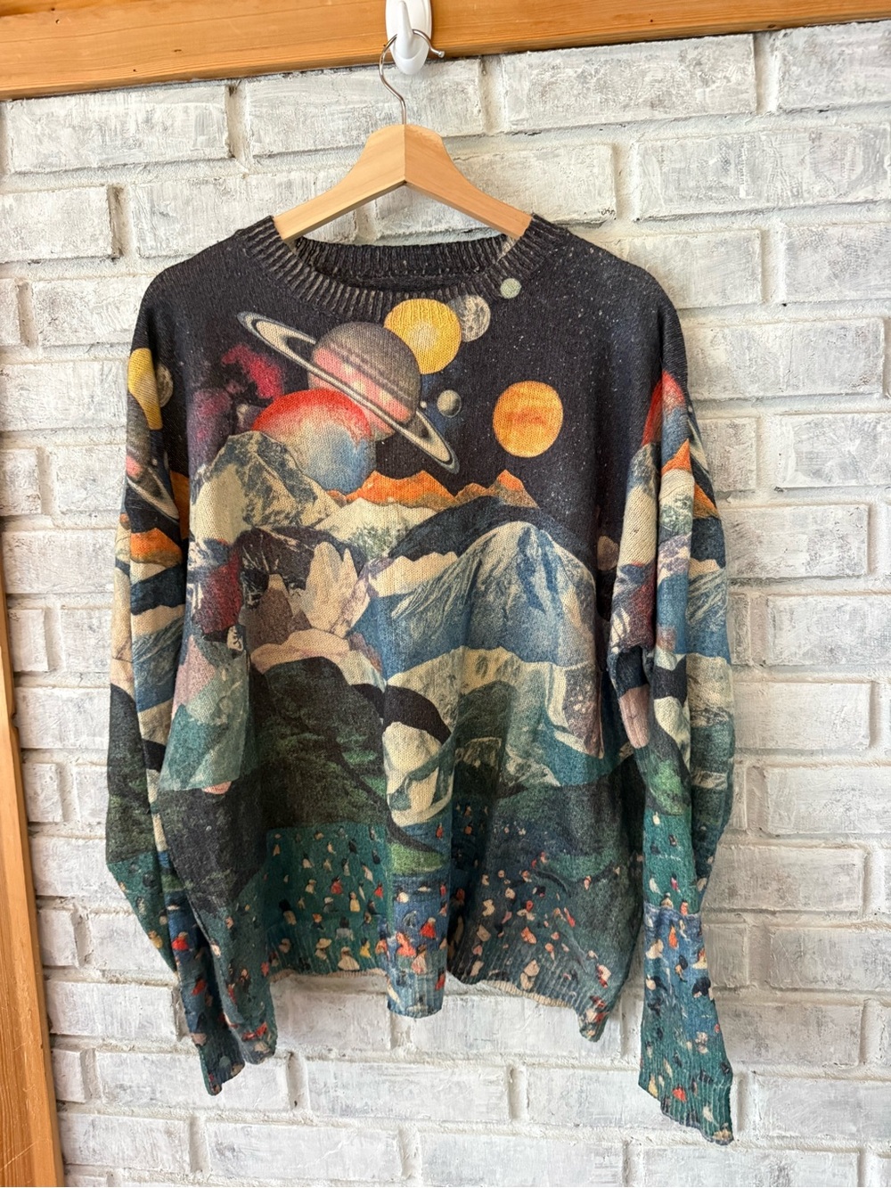 Men's Black Crewneck Sweater with Mountain & Planet Graphic